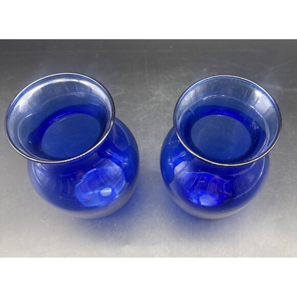 VTG Cobalt Blue Glass Flared Rim Flower Vase 5.5” Set Of 2 MCM - Picture 2 of 5